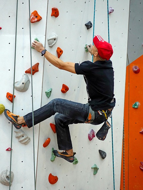 Mensch beim Klettern im Toprope in einer Kletterhalle
